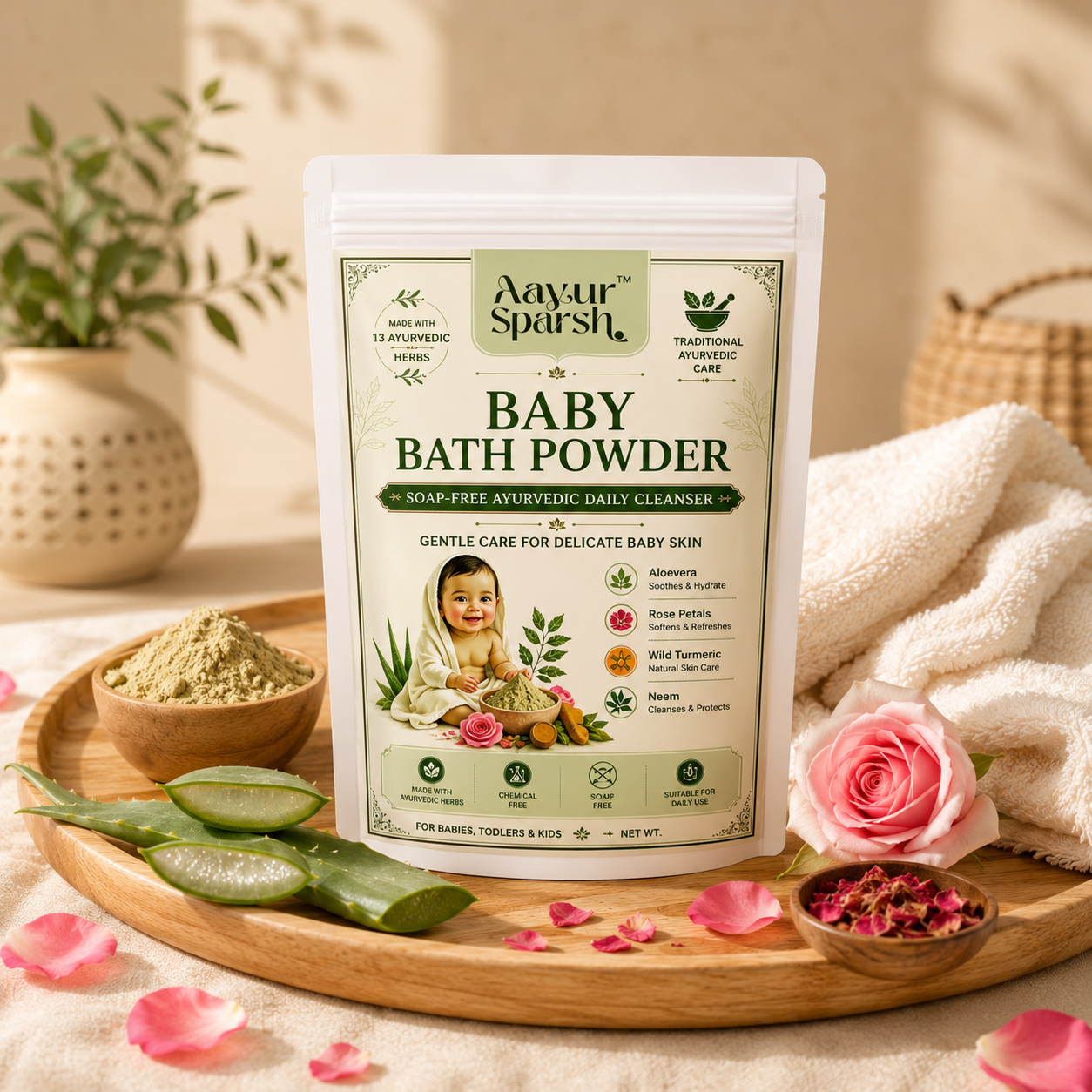 Aayur Sparsh Baby Bath Powder with aloe vera, rose petals and herbal ingredients on a wooden tray