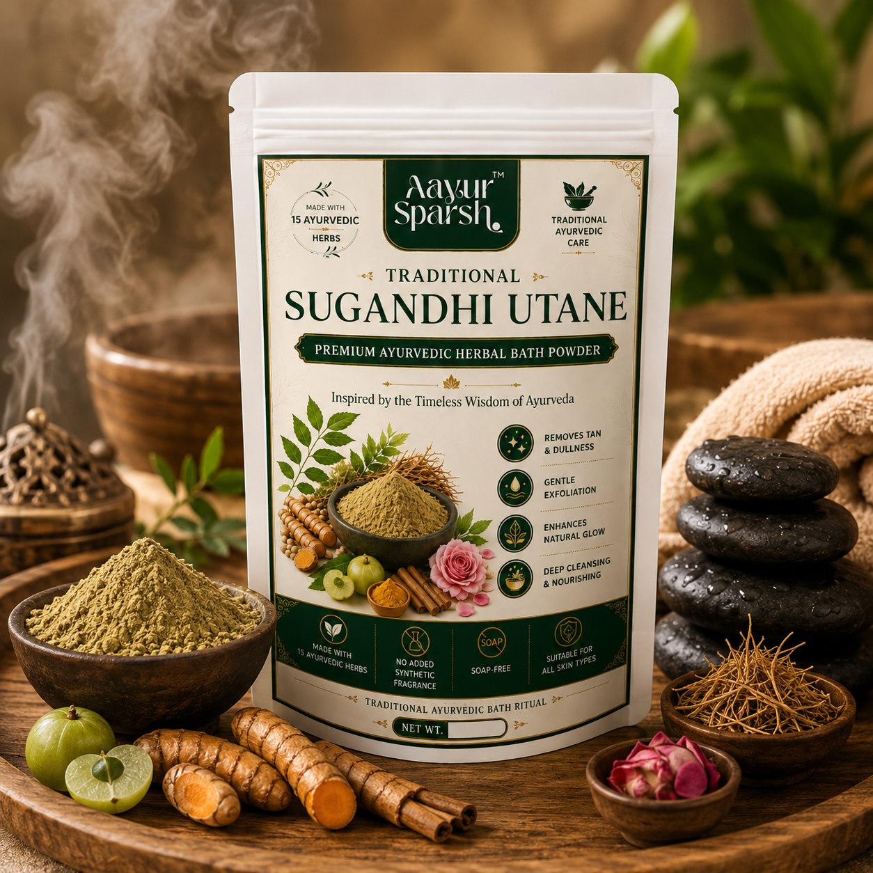 Aayur Sparsh Traditional Sugandhi Utane herbal bath powder with turmeric, vetiver and sandalwood